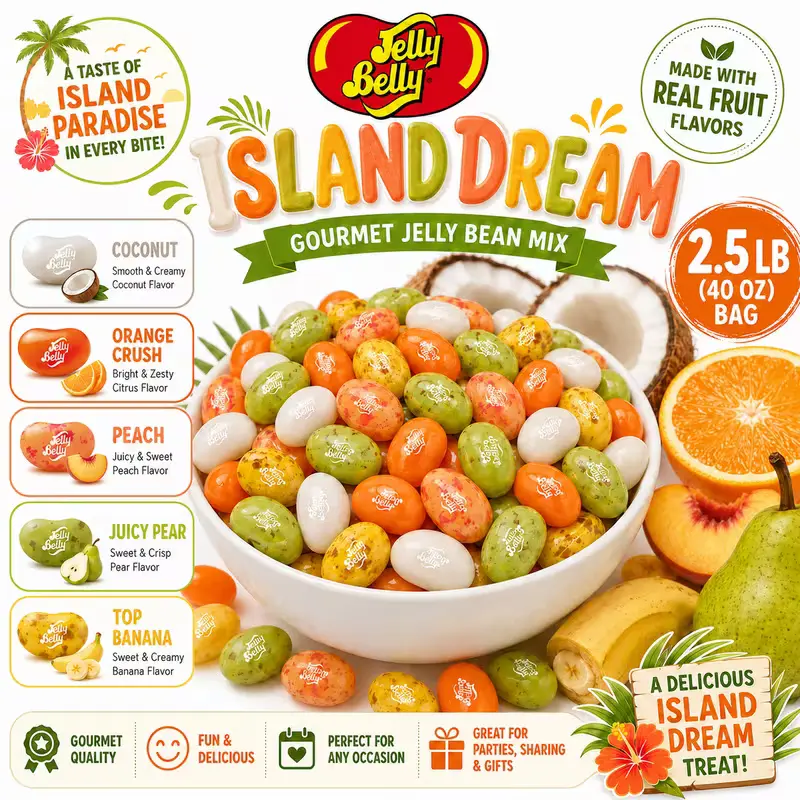 Jelly Belly Island Dream Mix Gourmet Jelly Beans - 2.5lb Bulk Bag Coconut, Orange Crush, Peach, Juicy Pear & Top Banana (40oz)